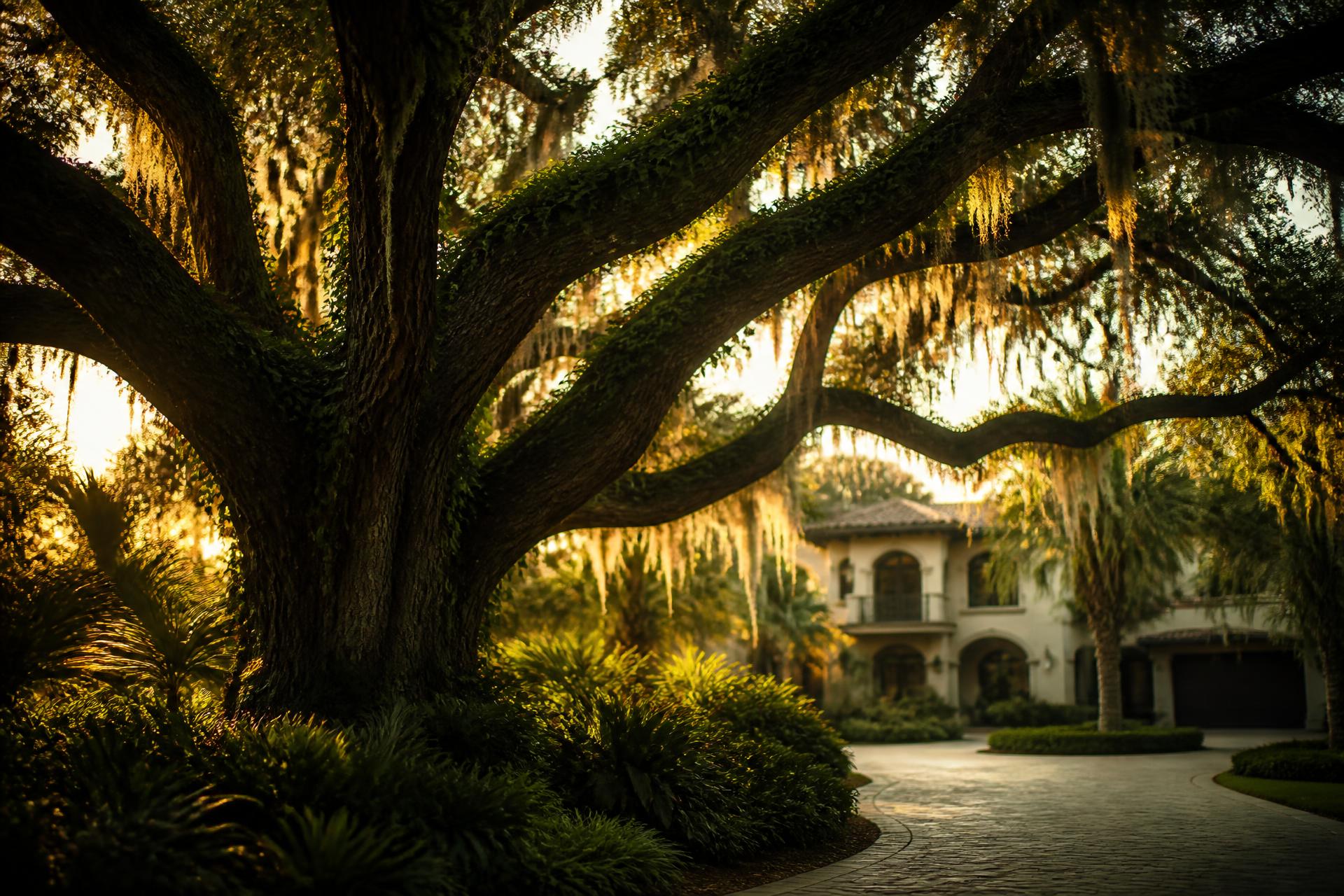 Live oak canopy at a Naples estate at golden hour